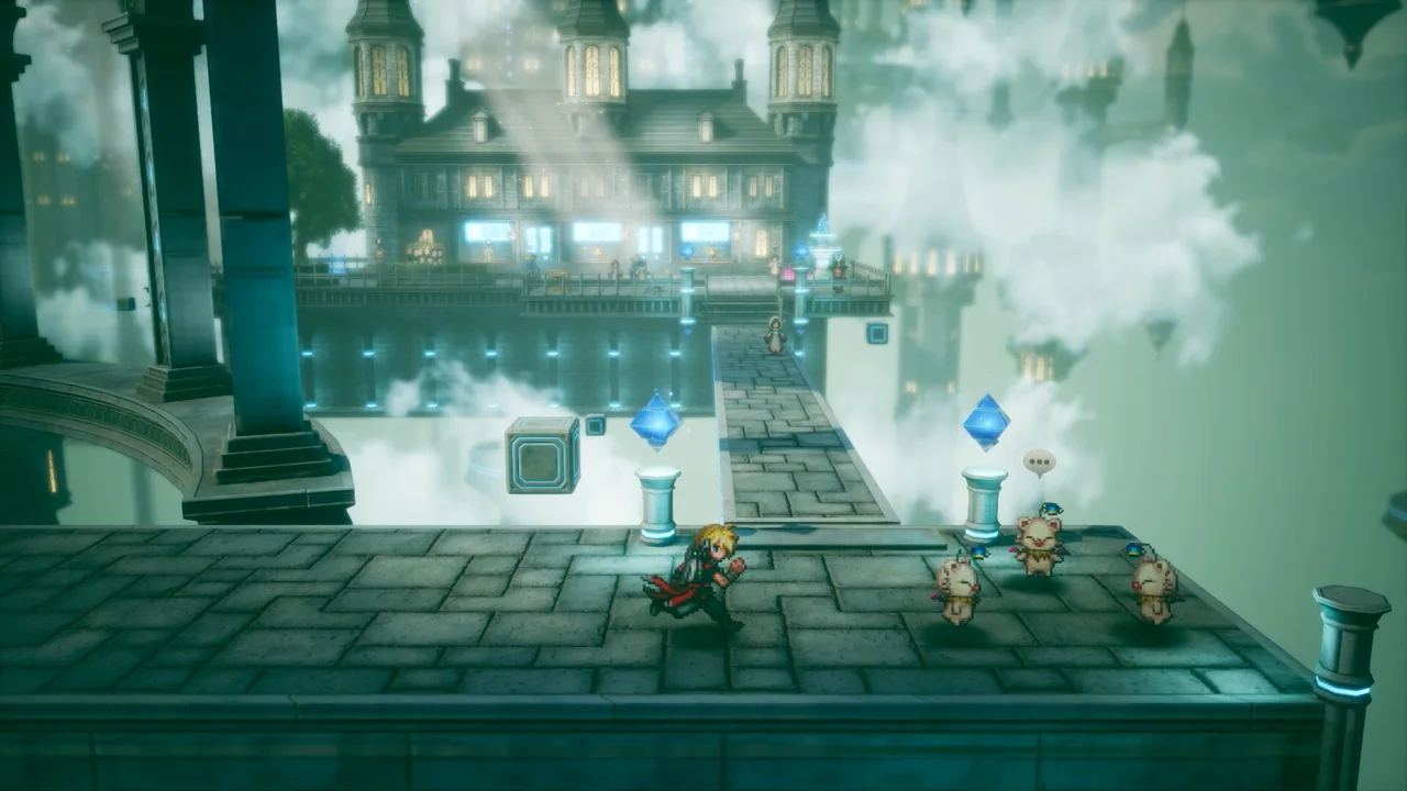 Rain and companions on a stone bridge above the clouds in Final Fantasy Resonance