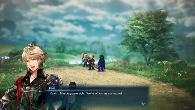 Rain speaking to his companions on a countryside path in Final Fantasy Resonance