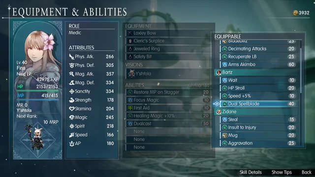 Fina equipment and abilities menu showing learned Vision abilities and their costs