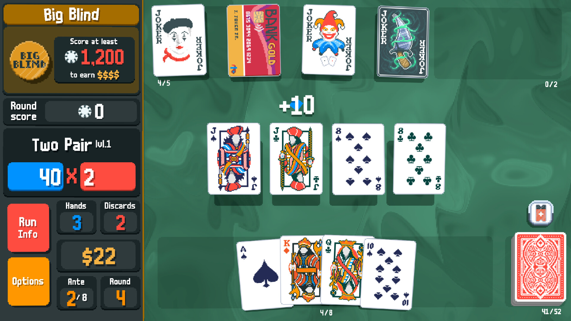 Balatro gameplay with a Two Pair hand, four Jokers and a Big Blind score target