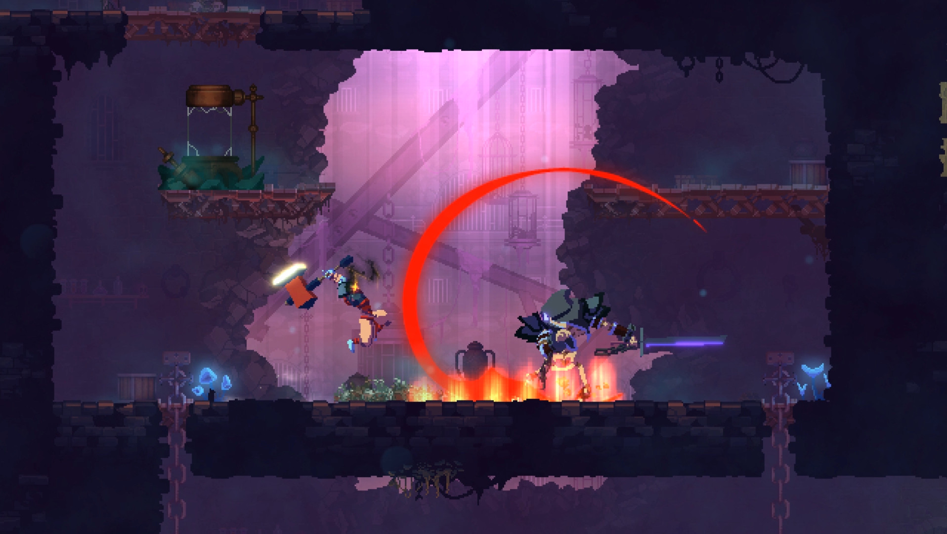Dead Cells gameplay scene with the player attacking an armored enemy on a castle platform