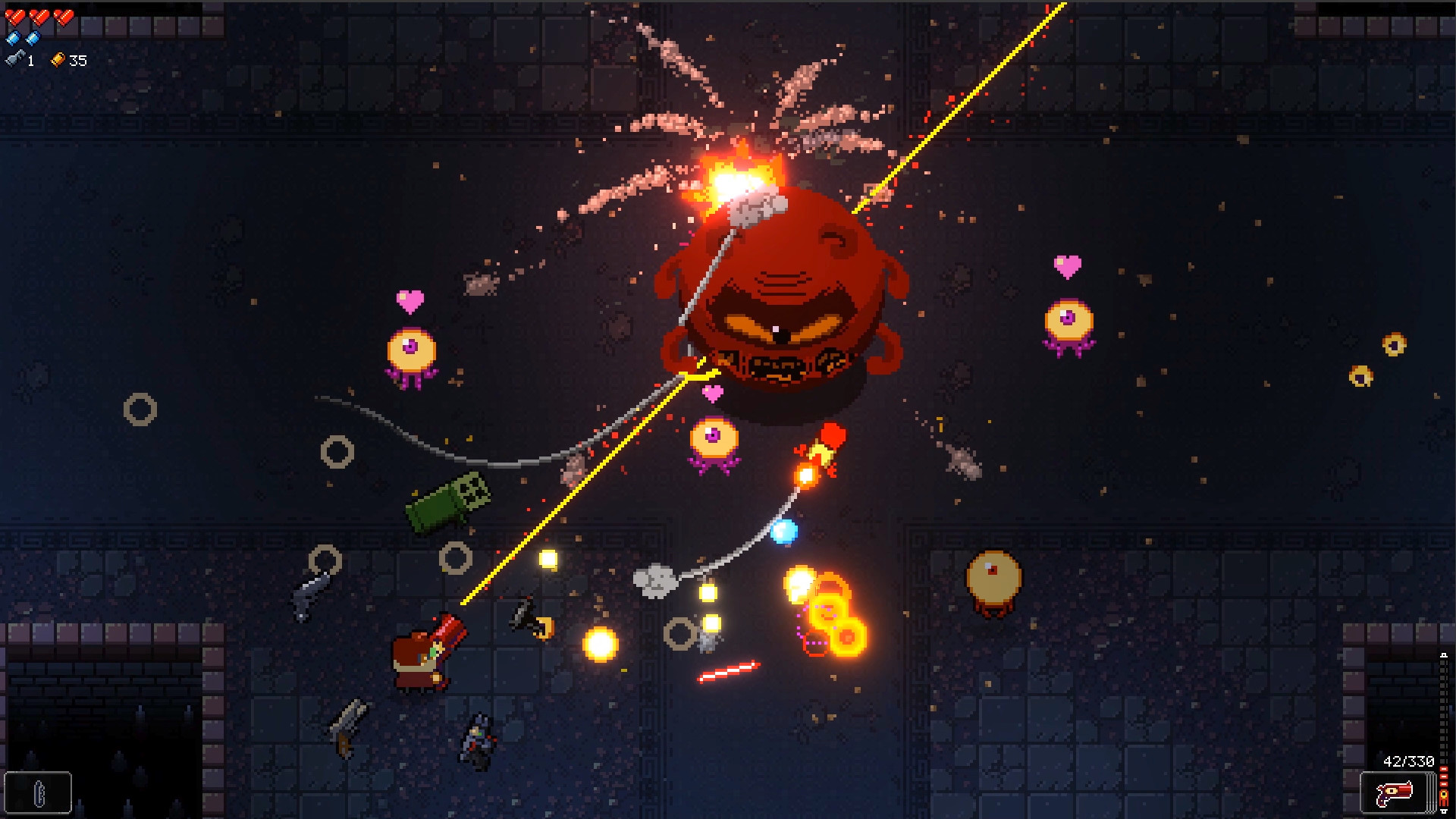 Enter the Gungeon gameplay with a player dodging projectiles during a large boss fight