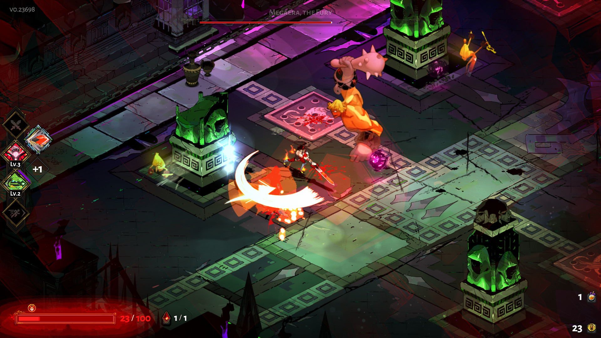 Official Hades gameplay screenshot of Zagreus fighting Megaera with his health and Boons visible