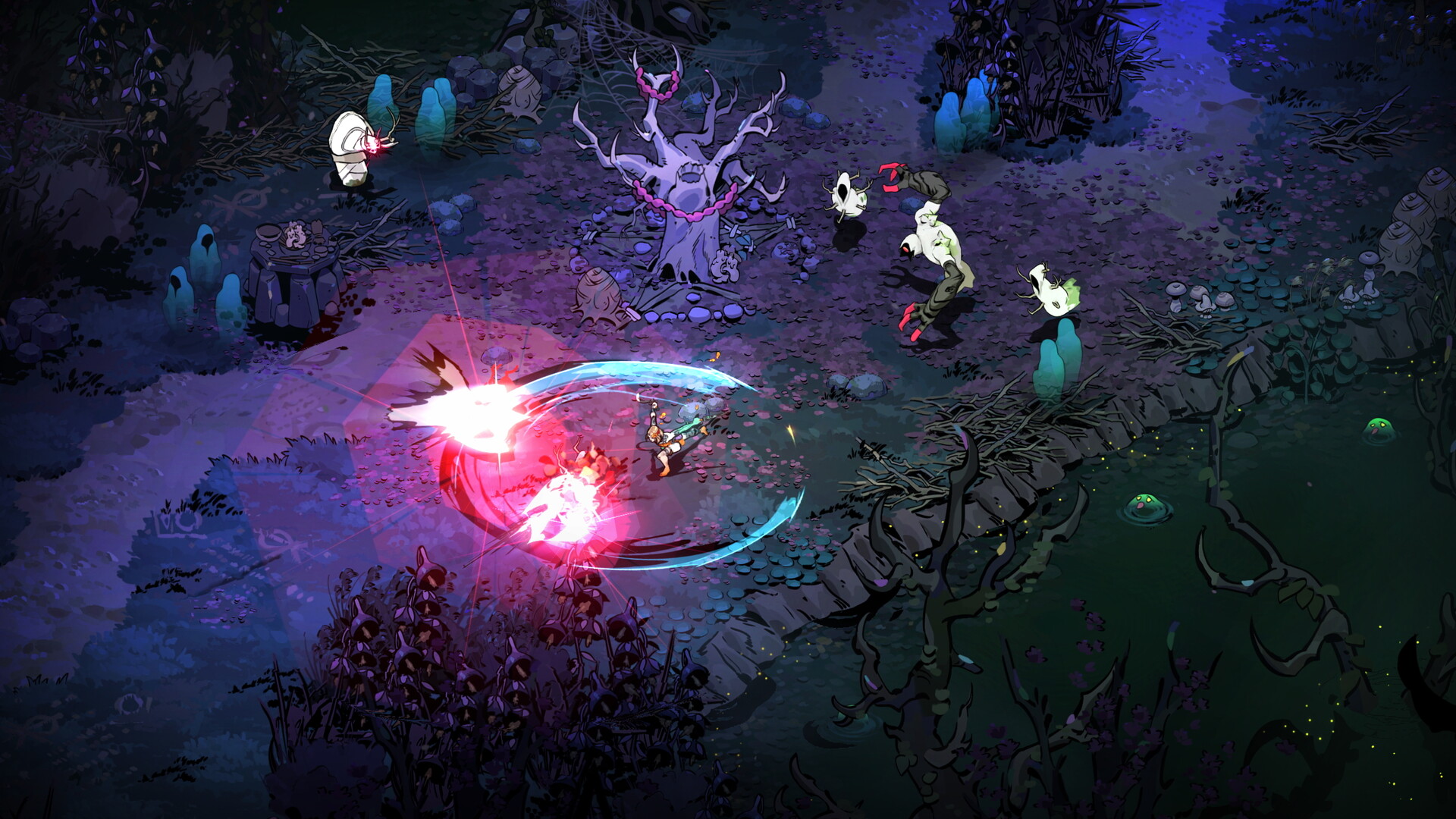 Hades II gameplay showing Melinoë attacking creatures in a dark woodland arena