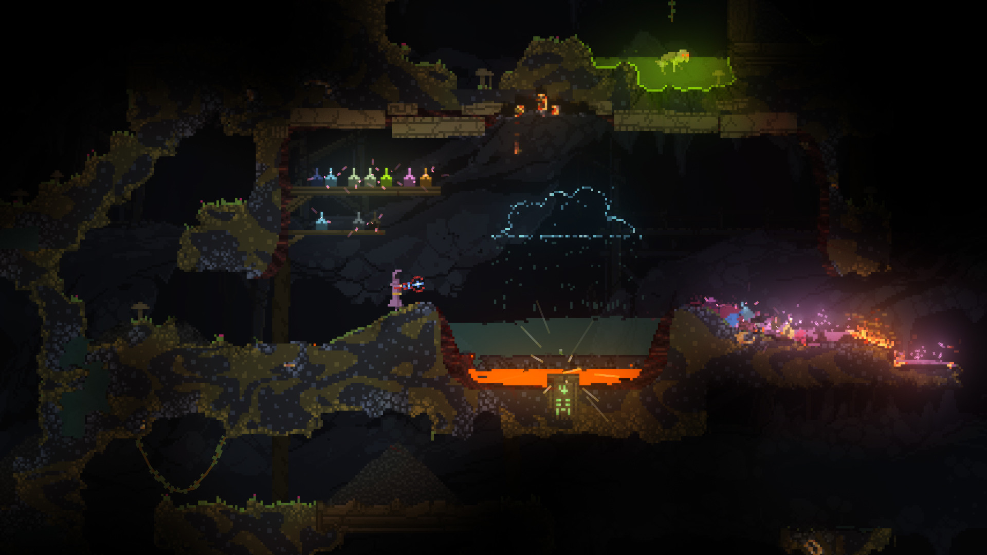 Noita gameplay showing a wizard, falling water and glowing liquid inside a pixel-art cavern
