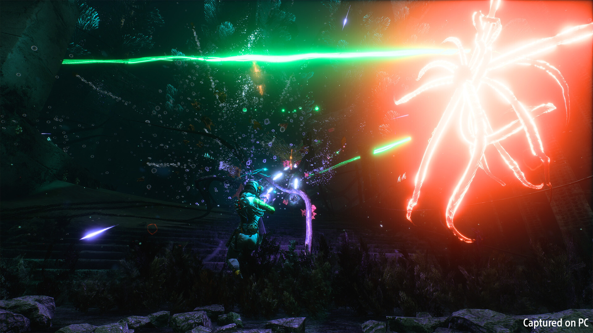 Returnal PC gameplay showing Selene firing at a glowing airborne creature in a dark alien environment