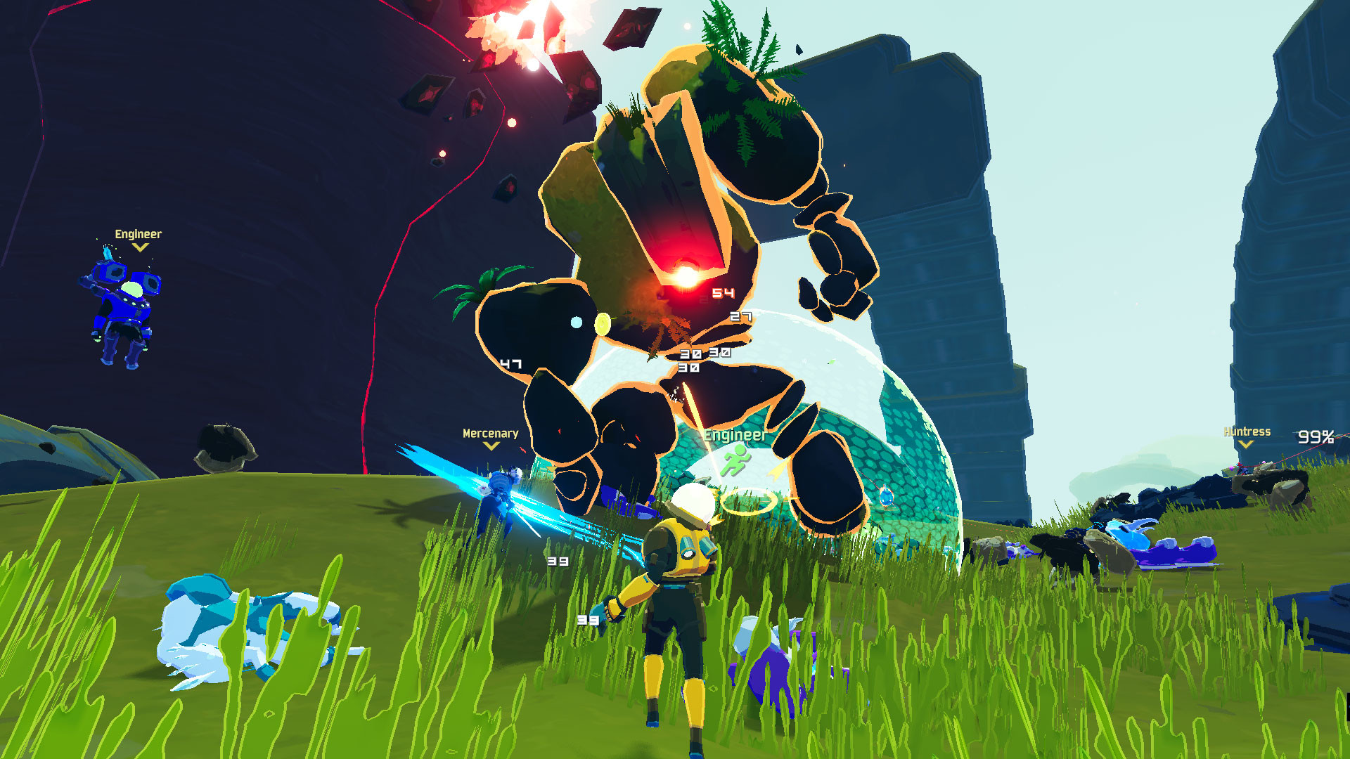 Risk of Rain 2 gameplay with several survivors attacking a towering stone enemy