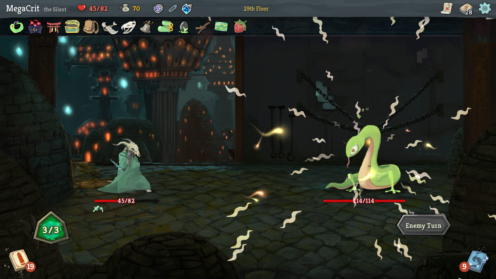 Slay the Spire gameplay showing the Silent facing an enemy during its turn