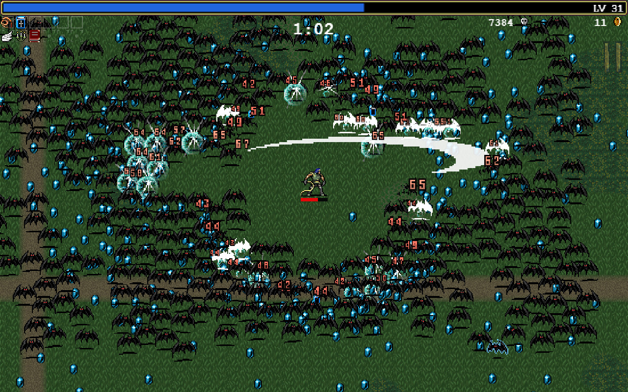 Vampire Survivors gameplay showing a character surrounded by bats, attacks and blue experience gems