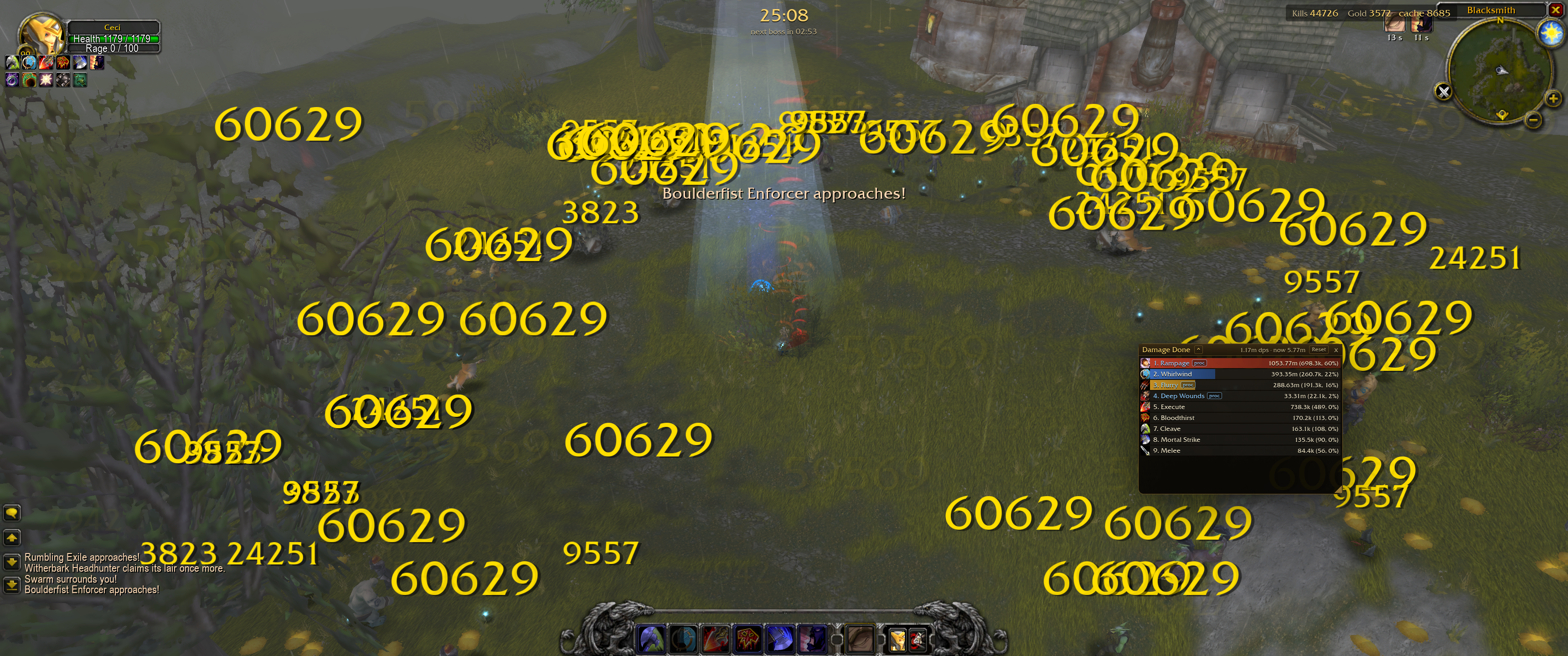 Archived Azeroth Survivors Warrior run at 25:08, with Whirlwind, Rampage and Flurry in the damage meter
